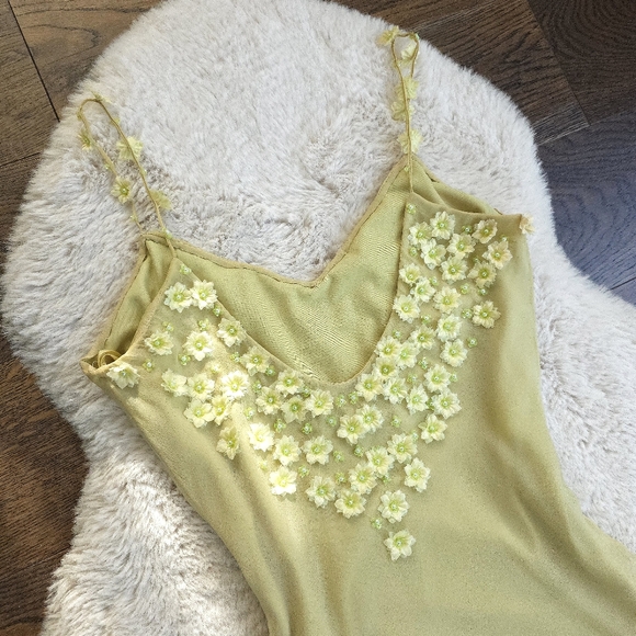 Vintage Cache Fairy Silk Florets Beaded Assymetrical Hem Midi Slip Dress - Picture 9 of 11